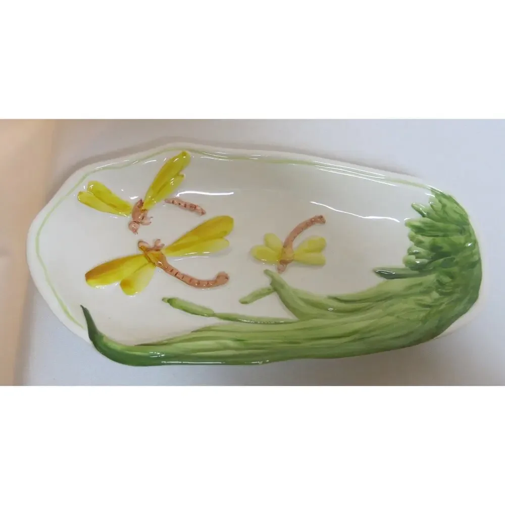 Vintage Carraro Italy Celery Trinket Serving Dish Dragonfly Yellow Green Kitchen